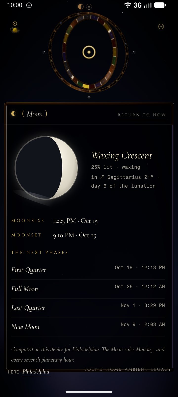 Planetary Dial Moon: waxing crescent, moonrise and moonset, the next phases
