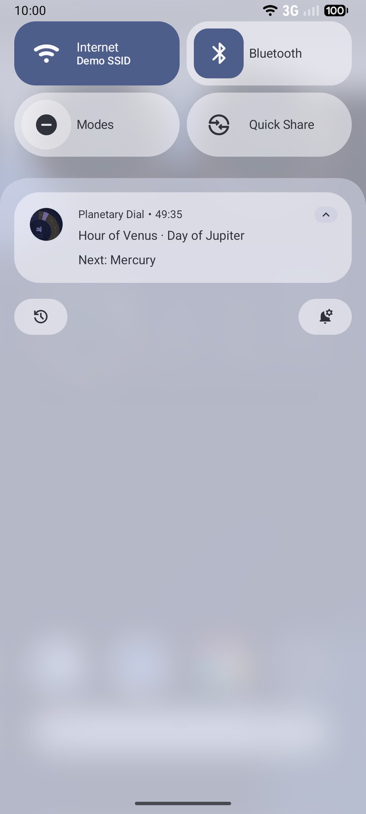 The Planetary Dial notification in the shade: hour of Venus, day of Jupiter, next Mercury