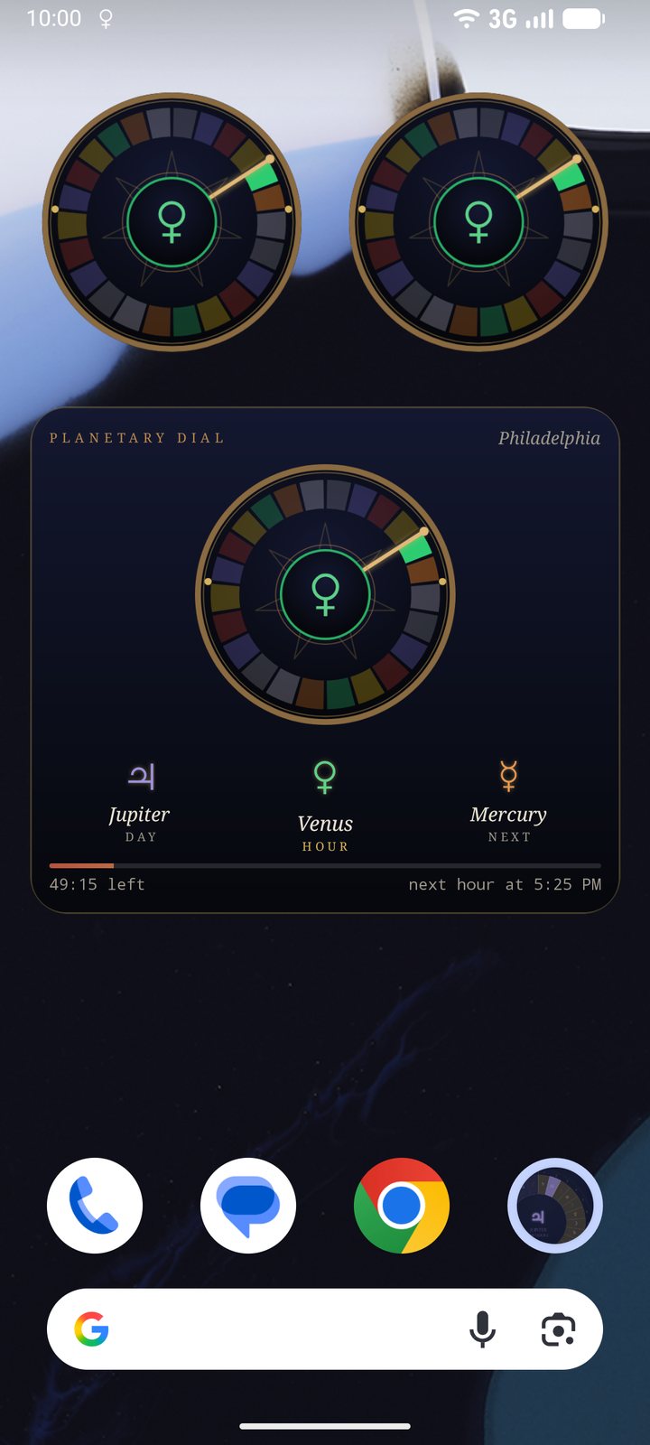 Planetary Dial widgets: two small round dials and the large dial with the tri-time